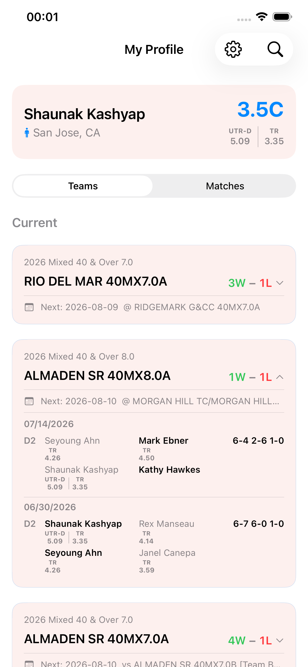 Profile with teams expanded