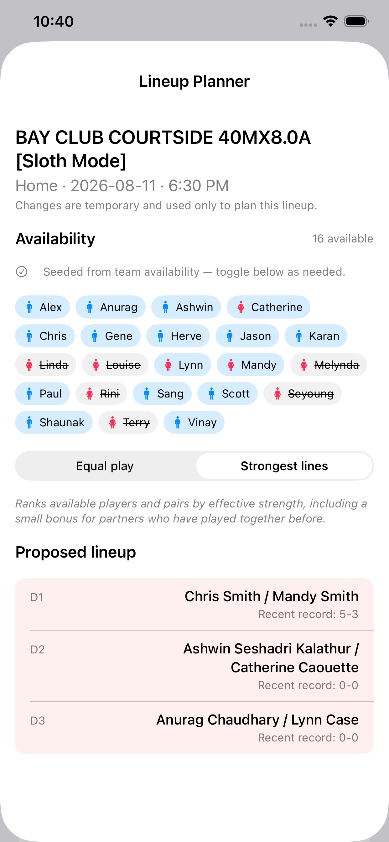 Lineup planner with a proposed lineup