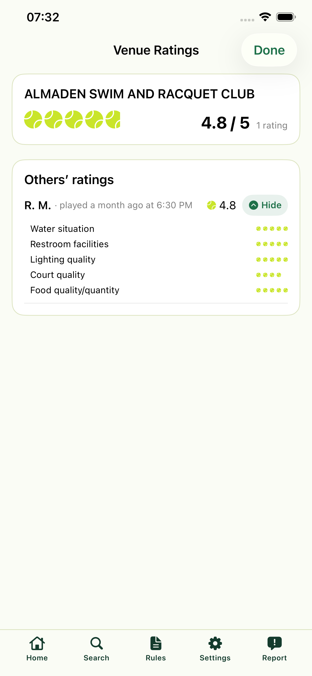 Venue rating form with tennis-ball category scores