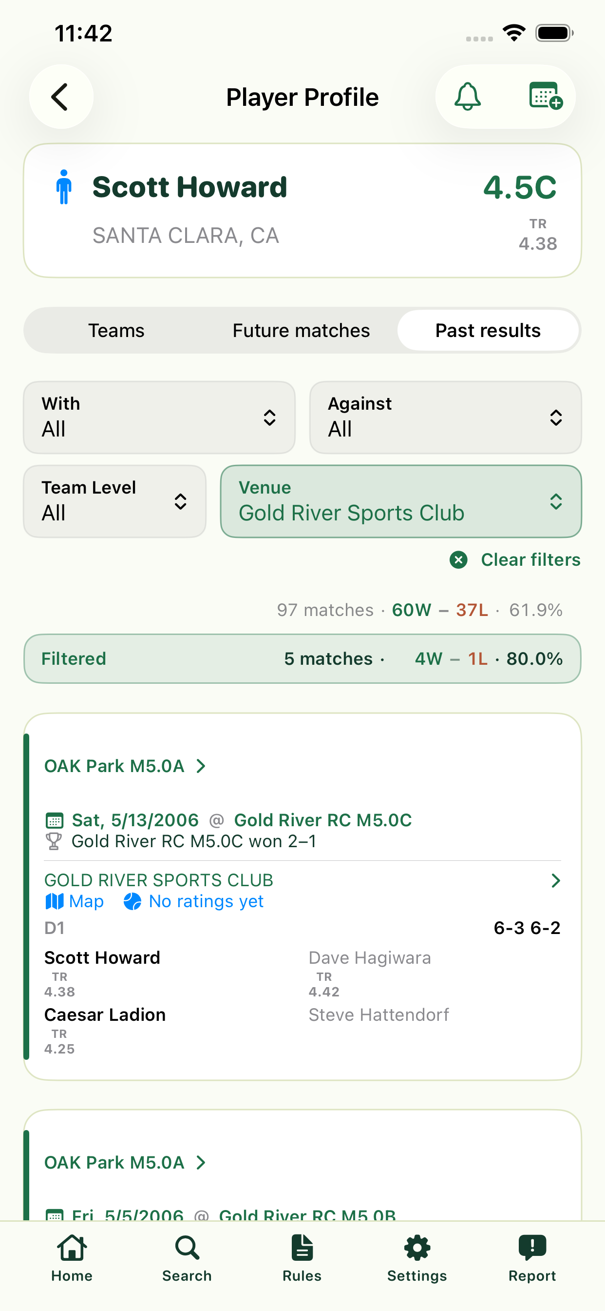 Past results filtered by venue, with all four filters, highlighted totals, and a complete match result