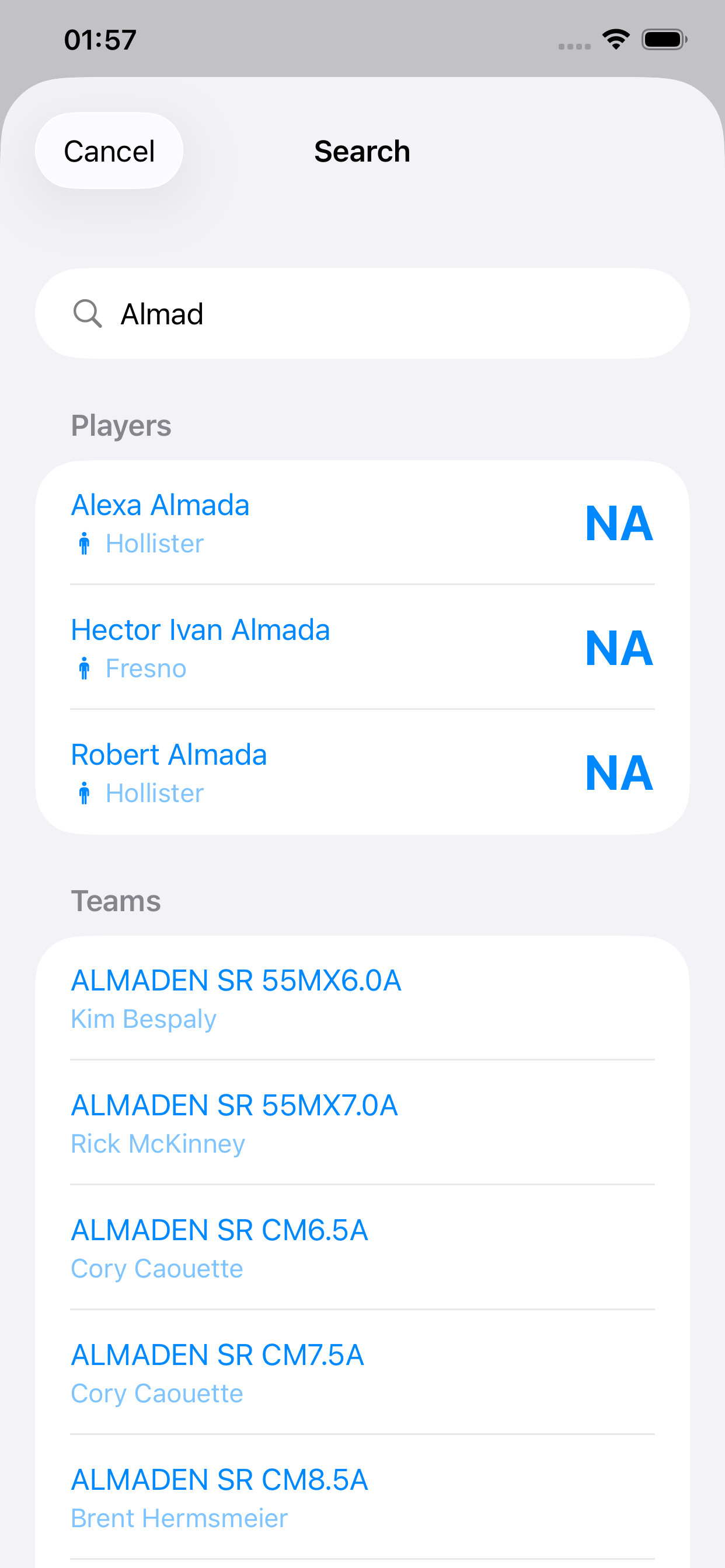 Player and team search results