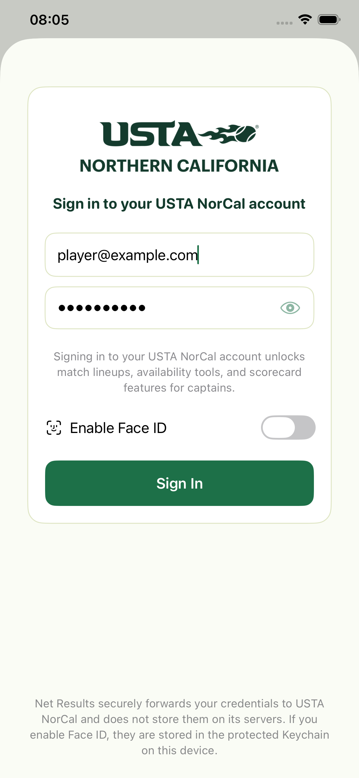 USTA NorCal sign-in with Face ID credential protection