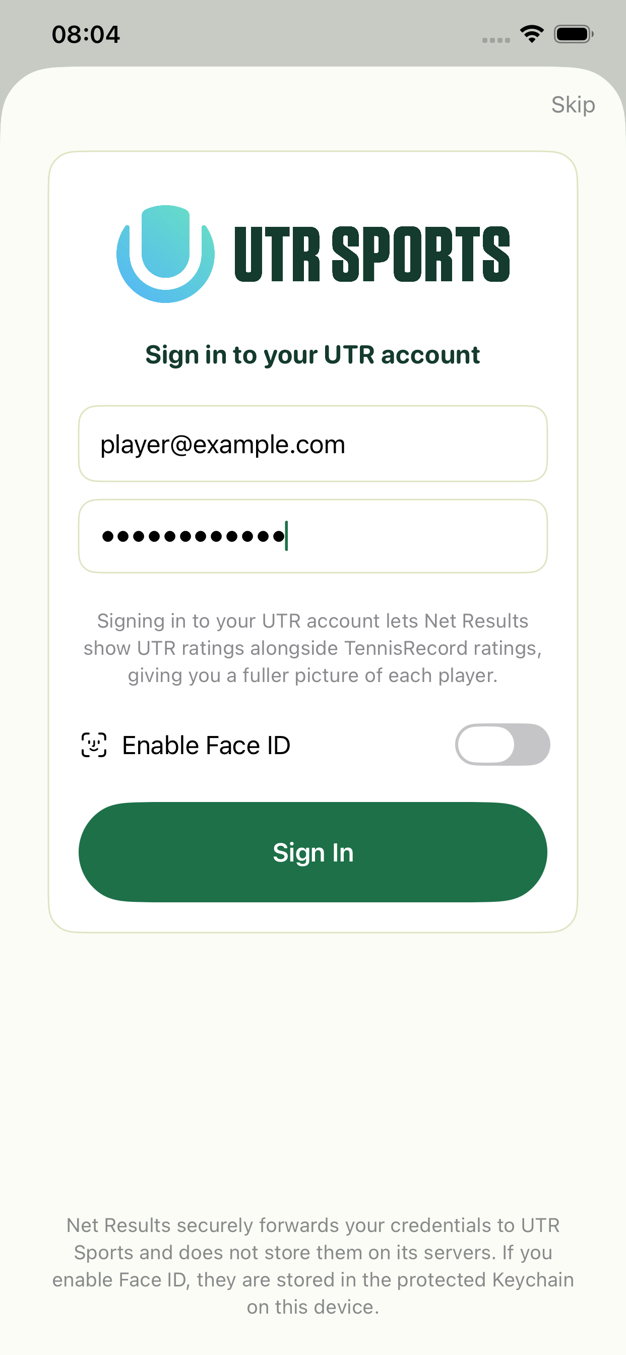 UTR Sports sign-in with Face ID credential protection