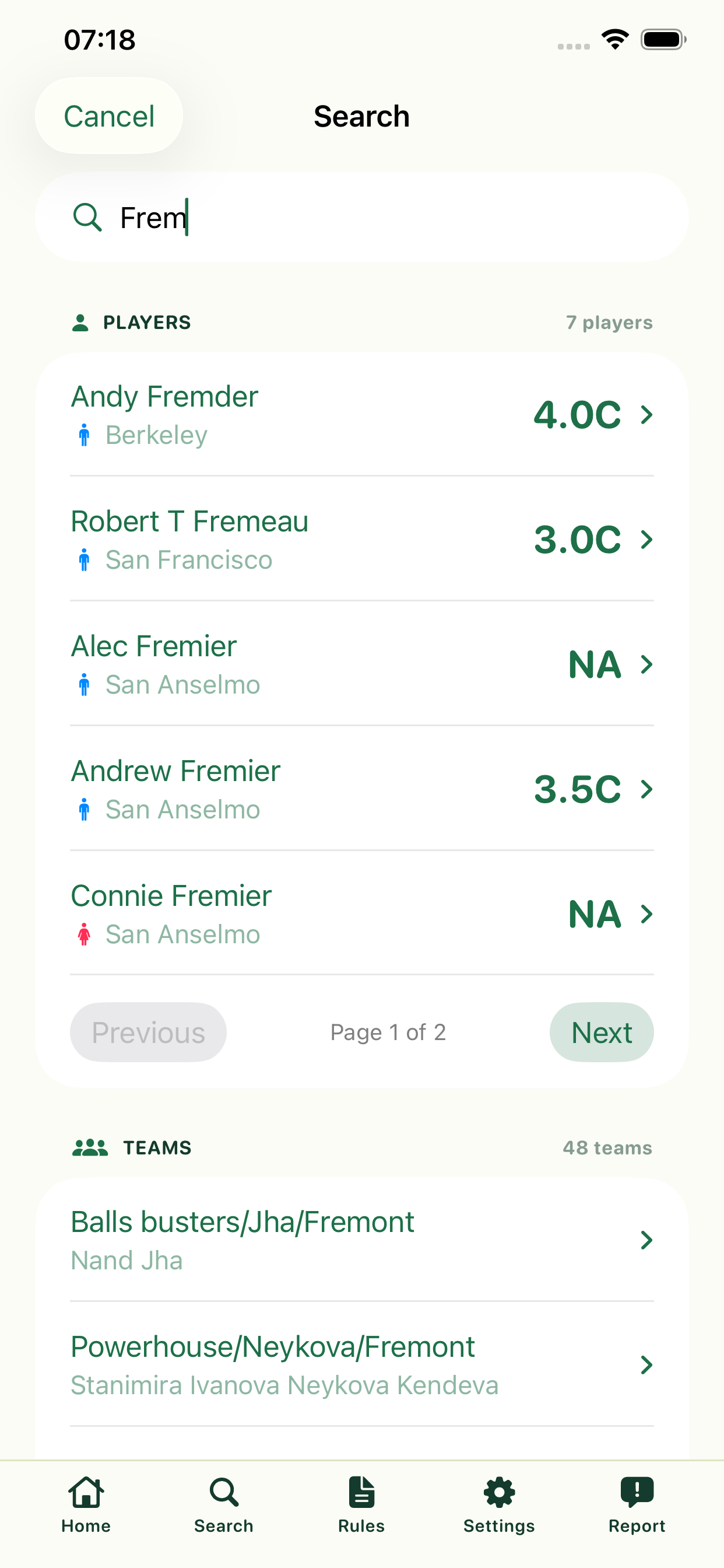 Player and team search results