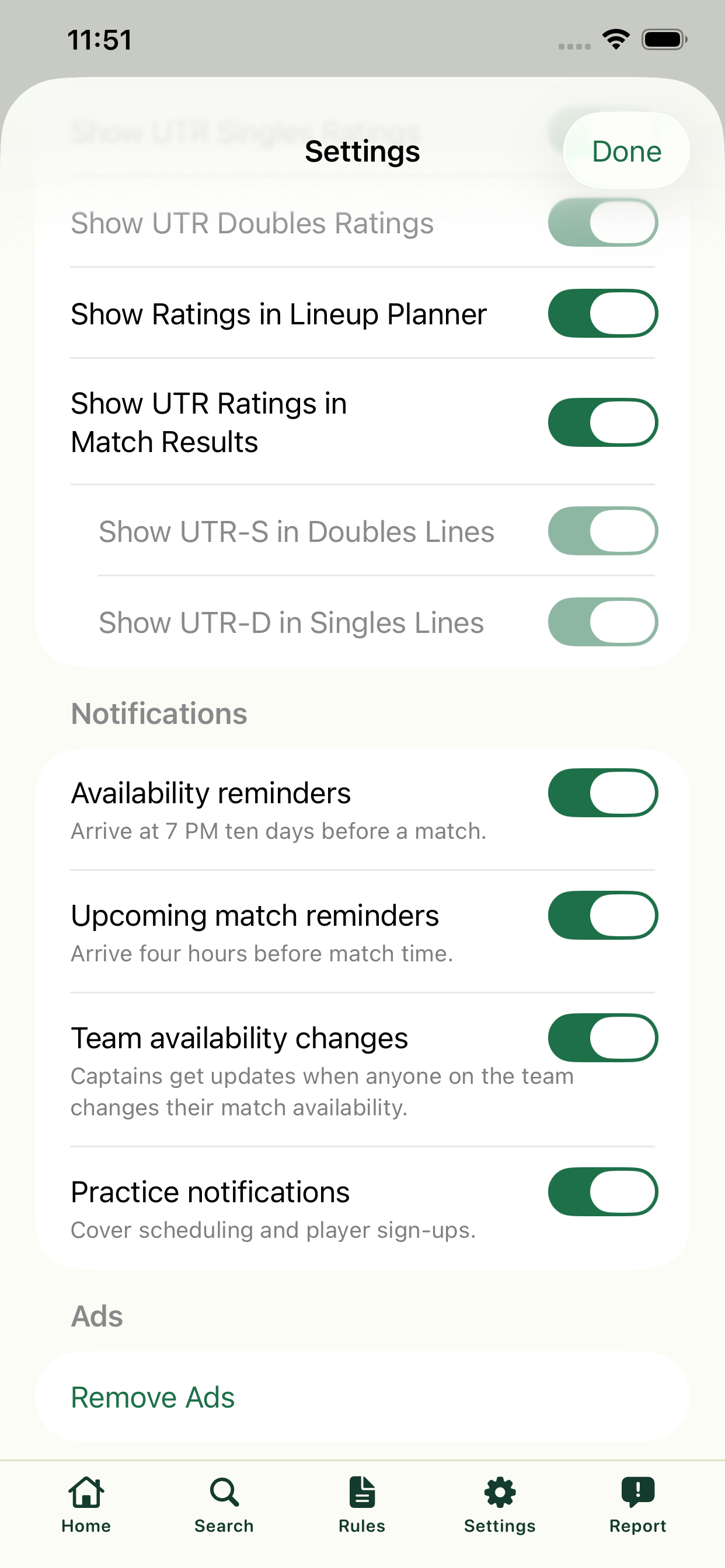 Settings with rating preferences and notification switches, including reminder timing and team availability changes