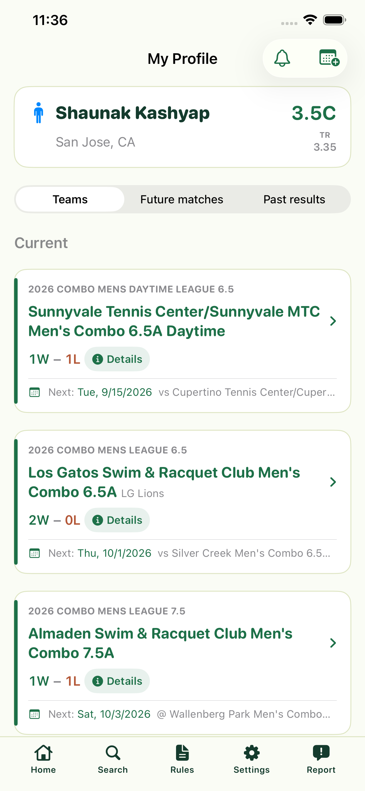 Net Results home screen with player ratings, record, and teams