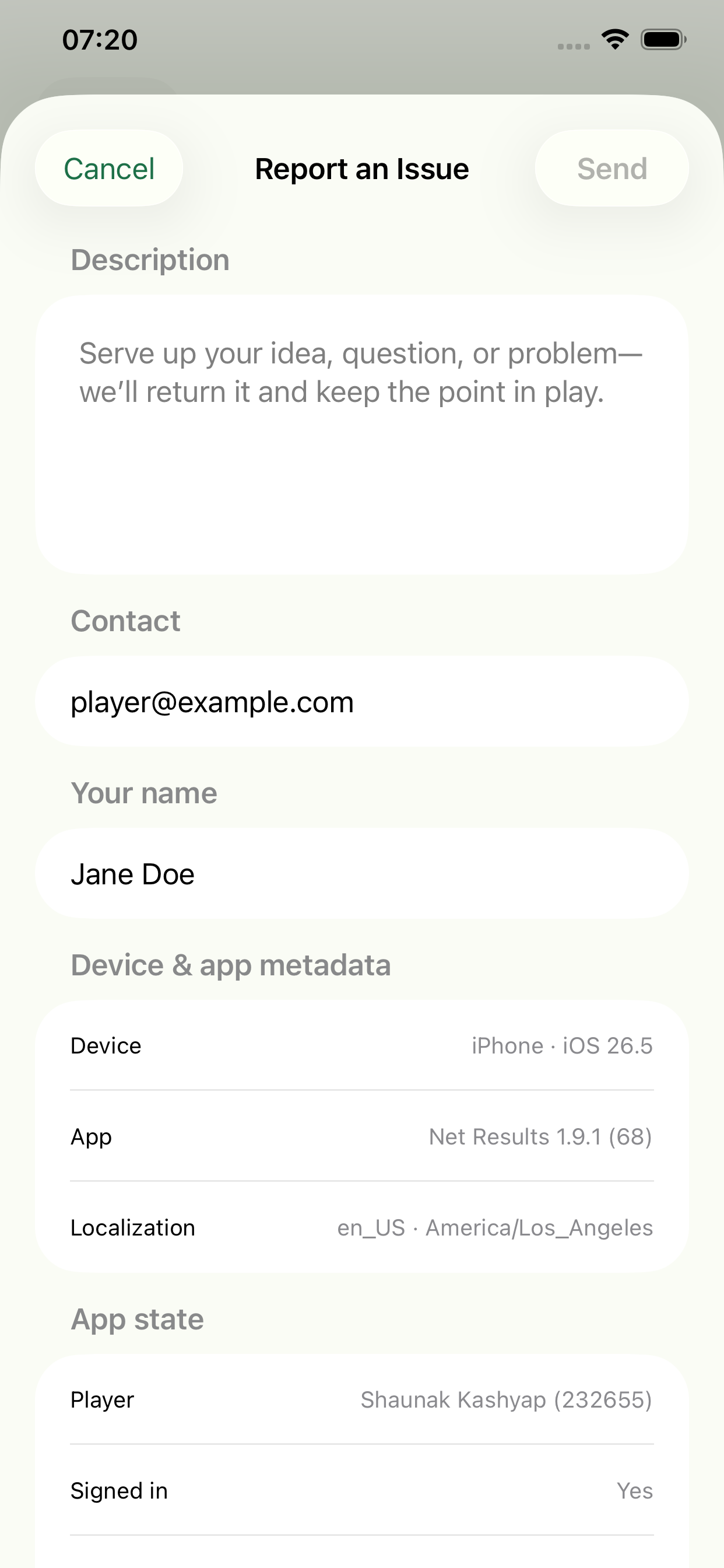 In-app issue report with description and diagnostic context