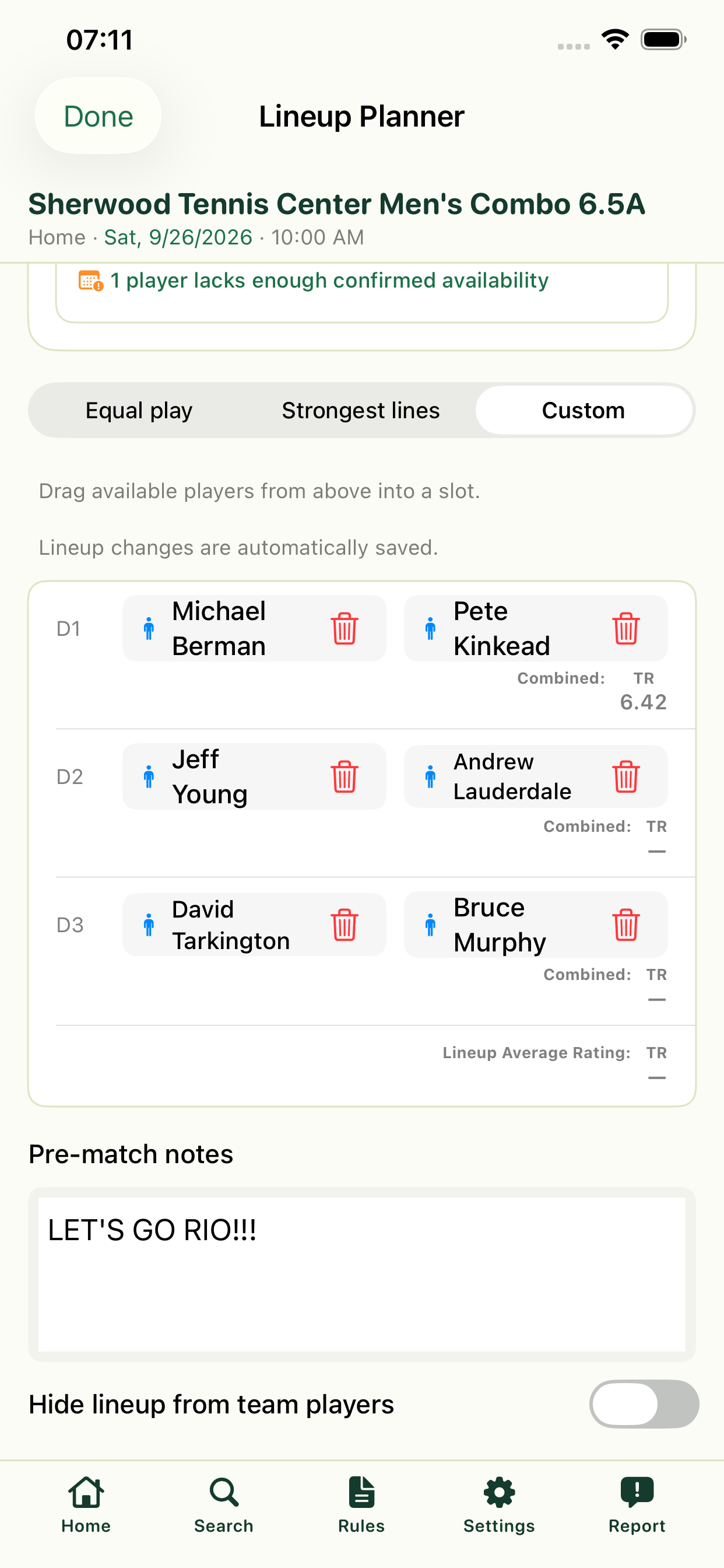 Captain lineup planner with editable pairings, automatic saving, notes, and visibility controls