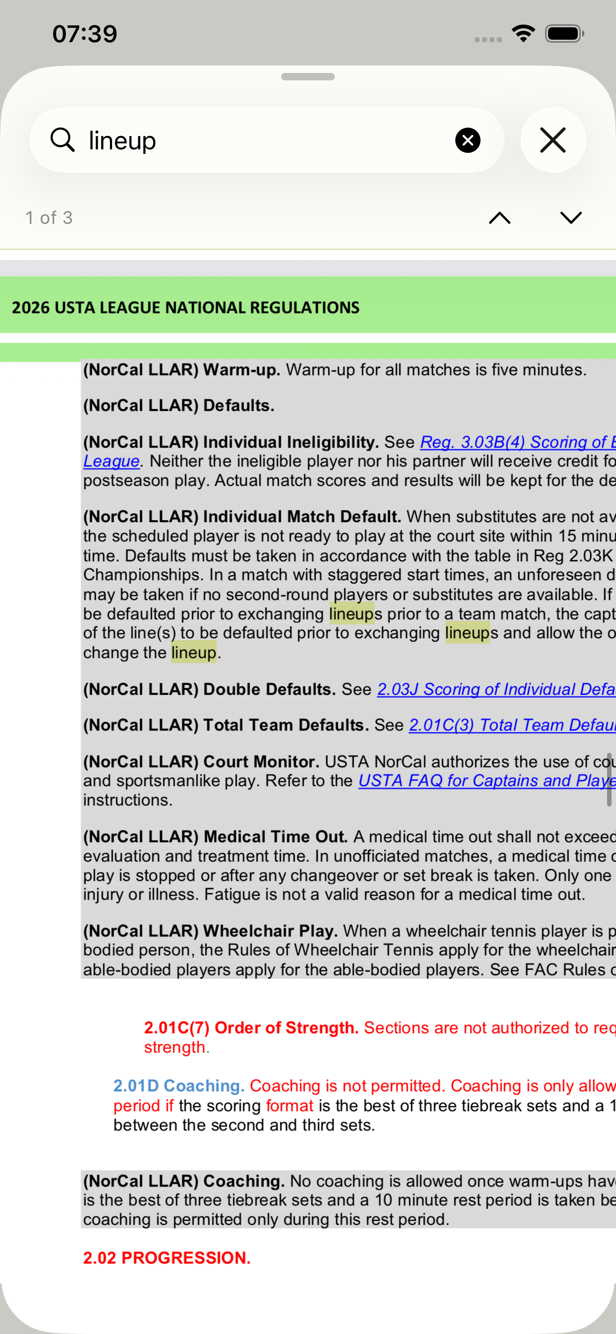 USTA league regulations with highlighted search results and result navigation