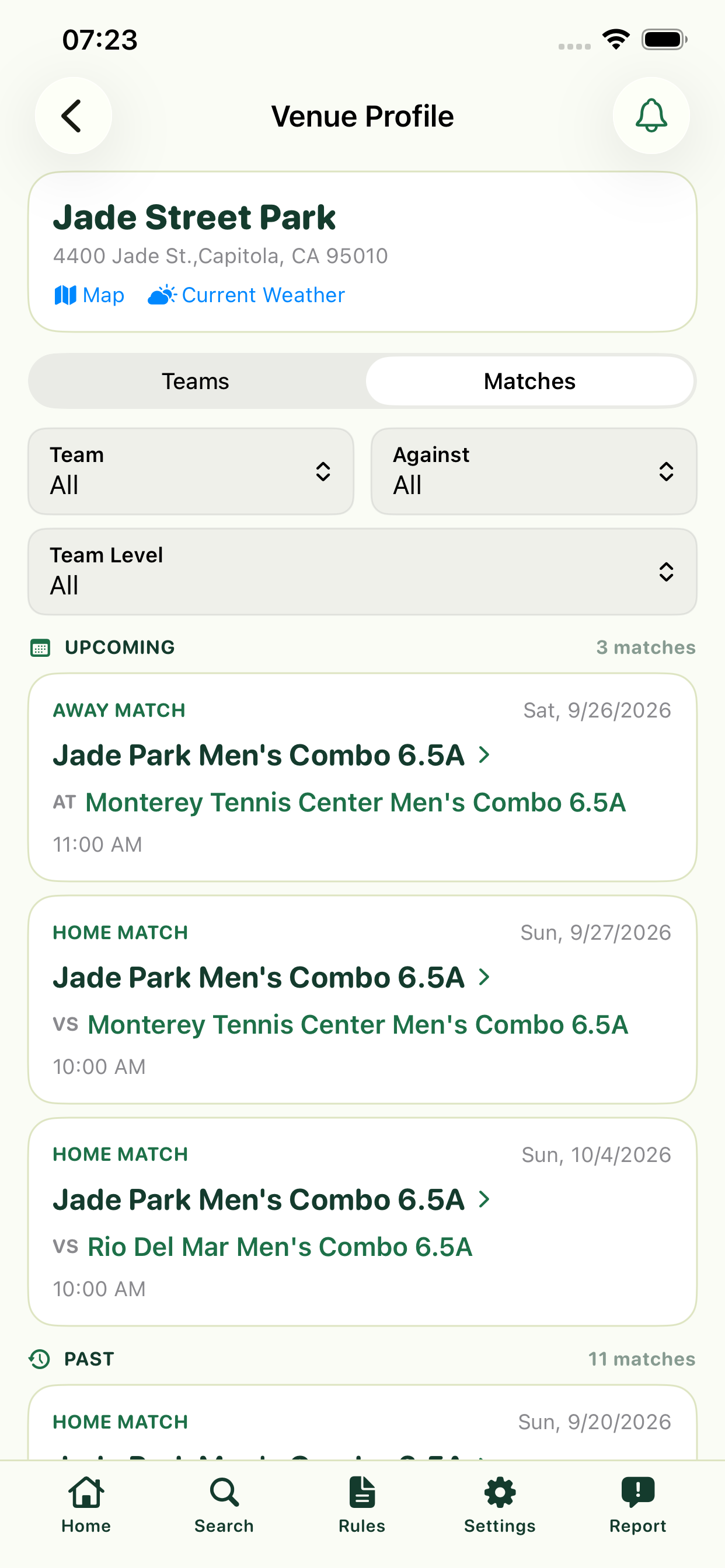 Venue profile with team, opponent, and level filters, upcoming matches, maps, and current weather