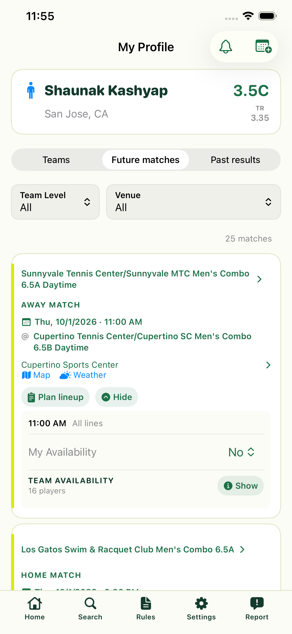 Future matches tab with team level and venue filters, lineup planning, and personal and team availability controls